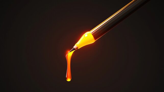 A close-up of a vibrant orange drop of paint dripping from a brush, capturing the essence of creativity and artistic expression.