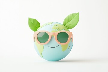 Naklejka premium A smiling cartoon Earth wearing sunglasses and leaves, symbolizing environmental protection and a positive outlook for the planet.