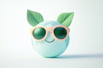 Fototapeta premium A happy Earth wearing sunglasses and leaves, symbolizing environmental protection and summer vibes.