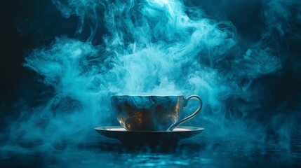 A steaming cup surrounded by vibrant blue smoke creates a mysterious and calming atmosphere.
