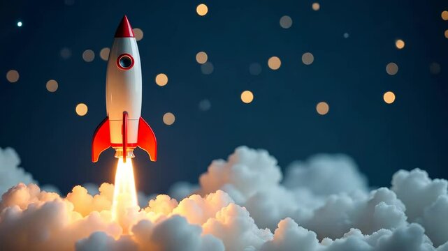 Colorful cartoon rocket launching through soft clouds, stylized art style, dark night sky background, concept of imagination and adventure
