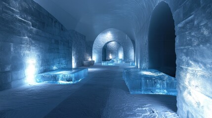Captivating ice hotel interior showcasing crystalline architecture and soft ambient illumination