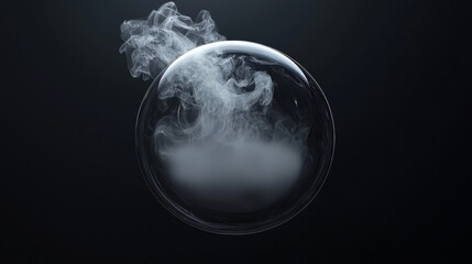 A close-up view of a smoke-filled bubble, showcasing an intriguing interplay between steam and light in a dark environment.