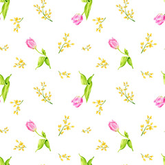 Seamless pattern with spring flowers on a white background. Watercolor tulips and mimosa. Spring, Mother's Day, Easter, Women's Day, Birthday. Background for cards, posters, wrapping paper, wallpaper.