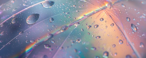 A close-up view of raindrops on a colorful umbrella, showcasing an abstract play of light and reflections.