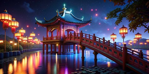 Serene Night Scene: Traditional Chinese Bridge, Lanterns, Calm Water, Asian Architecture, Night Photography