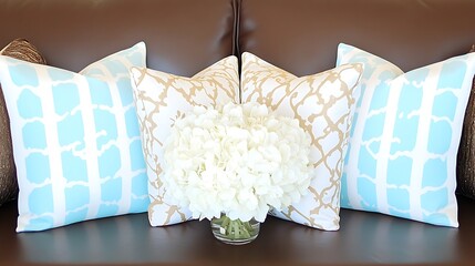 Beautiful decorative pillows and a floral arrangement on a couch