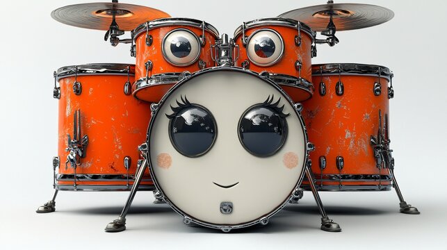 Whimsical Drum Set with Animated Eyes and Mismatched Cymbals in an Orange Finish Style of excellence.