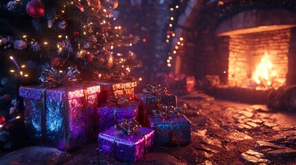 Enchanting Christmas Scene with Illuminated Tree, Gifts, and Cozy Fireplace Ambiance