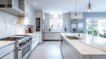 Bright and spacious modern kitchen with island and marble countertops showcase