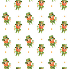 Playful repeating design of cartoon leprechauns holding shamrocks on a black background, great for St. Patrick’s Day crafts and decor