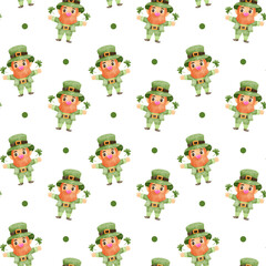 Seamless festive pattern featuring cartoon leprechauns holding shamrocks on a black background, perfect for St. Patrick's Day designs