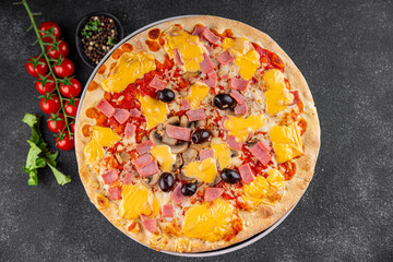 Pizza ham, mushrooms, olives, cheese appetizer vegetable dish fresh delicious gourmet food background on the table rustic food top view copy space