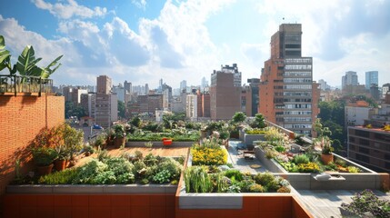Fototapeta premium A rooftop garden in a bustling city, demonstrating the integration of green spaces in urban areas generative ai