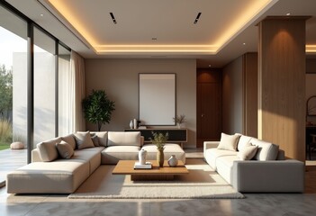 Fototapeta premium contemporary home interior minimalist decor modern furnishings cozy space design open layout warm atmosphere stylish living room, color, light, style, furniture