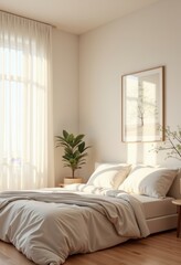 cozy minimalist bedroom natural light soft colors minimal decor home interior design serenity, comfort, space, relaxation, calm, clean, lines, furniture