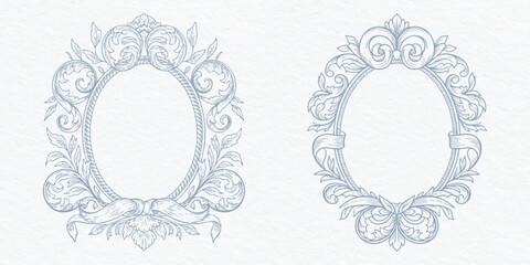 Baroque scrolls, floral leaves, and classic ribbon accents isolated on a white background vector illustrations.