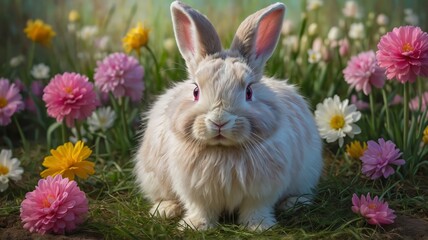 Obraz premium Fluffy Easter Bunny Sitting Among Colorful Eggs in a Lush Spring Setting