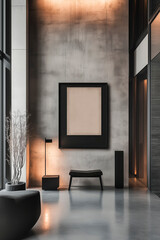 Fototapeta premium a picture frame against a clean, neutral background. The frame itself showcases a modern design, suitable for a variety of interior styles. It serves as a versatile mockup, perfect for presenting art