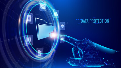 Data protection concept. Hand touching file icon and virtual screen background, cybersecurity, online privacy. Secure information management, internet security in futuristic technology setting.