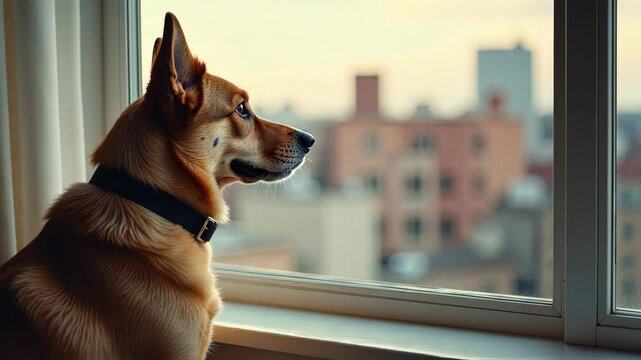 Attentive dog staring out a window with city buildings blurred in background, captured in realistic style, conveying alertness and solitude
