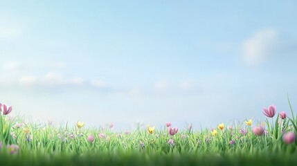 Fototapeta premium Vibrant spring flowers in bloom, colorful meadow of blossoms in lush green grass