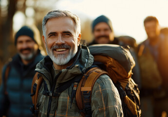 Fototapeta premium A group of middle-aged men enjoys camaraderie while hiking in a forest, smiling and chatting in the warm afternoon sunlight