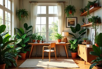 inviting cozy workspace beautifully enhanced lush green plants organized stationery evoking creativity productivity, office, greenery, decor, organization