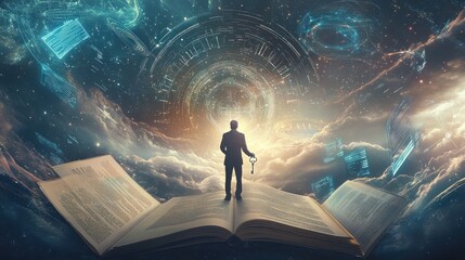 Man stands on open book, cosmic background, seeking knowledge. Potential stock photo