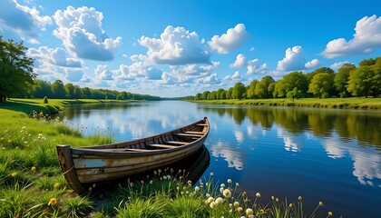 Tranquil Lakeside Scene with Wooden Rowboat