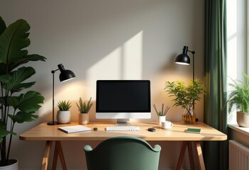 Fototapeta premium minimalist workspace design stationery plants organised clean aesthetic branded home office professional productivity style, desk, table, notebook, pen