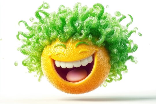 A cheerful orange with vibrant green hair, laughing heartily.