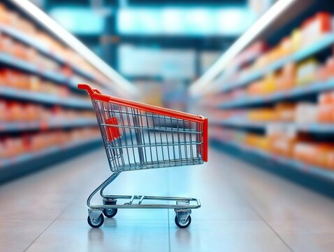 Shopping cart in supermarket aisle retail store image bright environment low angle view consumerism concept