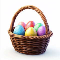 Colorful Easter Eggs in Wicker Basket on White Background