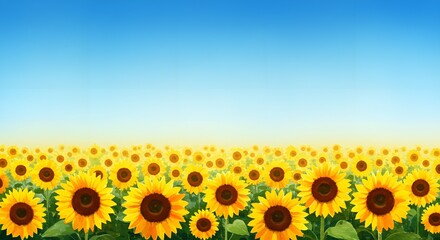 Fototapeta premium A vibrant watercolor background featuring bright sunflowers with soft golden petals, blending into a clear blue sky for a warm and cheerful spring effect.