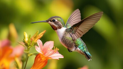 Fototapeta premium Delicate hummingbird hovering near vibrant flowers in a serene nature scene