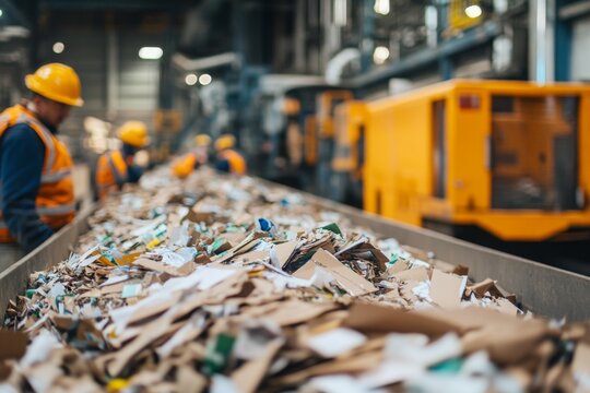 Workers are focused on carefully sorting materials at a recycling facility, ensuring efficient processing of cardboard and other recyclables by the conveyor Generative AI