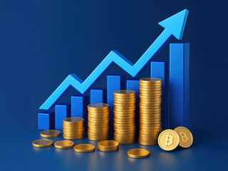 Bitcoin growth with rising bar chart and stacked coins