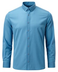 Blue button-up dress shirt isolated on a white background. Formal men’s fashion and office wear concept