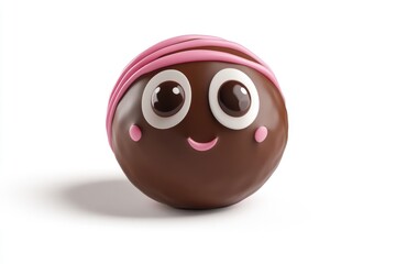 A cute chocolate ball with pink icing, big eyes, and a smiling mouth.