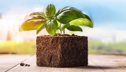 basil plant growing in square soil block