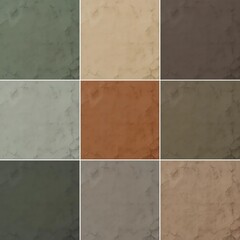 A digital color palette split into a 4x4 grid of square shades. Colors include green, grey, light brown, dark brown, olive green, rust, and taupe. Each square has a subtle gradient