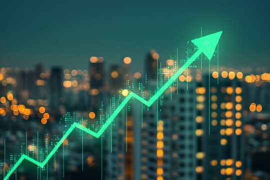 A glowing green arrow rises above a city skyline at night, symbolizing growth and progress, with blurred lights illuminating the urban landscape Generative AI