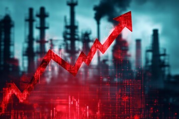A sharp red arrow sharply declines against the backdrop of industrial smokestacks, highlighting environmental concerns amid rising pollution levels at dusk Generative AI