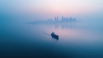 Cargo Ship at Dawn, A cargo ship sailing towards a foggy city skyline at sunrise.
