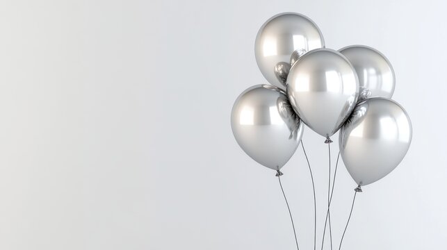 Set of shiny silver balloons floating against a white background. Minimalist celebration and party decoration concept