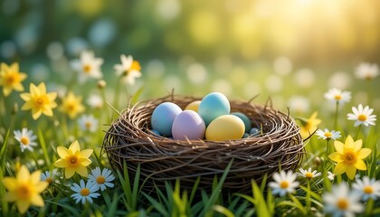 Obraz premium Colorful Easter Eggs in a Nest Amidst Spring Flowers
