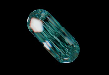 Blue dispersed Glass pill 3d render on a black background isolated