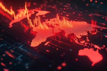 A glowing digital map of the world displays a red arrow pointing down, indicating declining trends in global data Generative AI