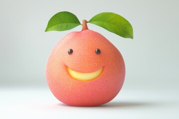 A cheerful, cartoonish pink fruit with a happy face and green leaves.